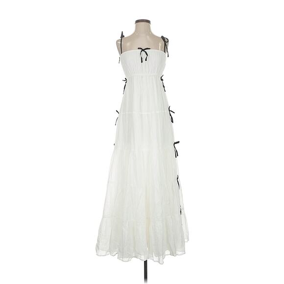 Show Me Your Mumu Harmony Maxi Dress White Voile with Black Bows L - Picture 3 of 7